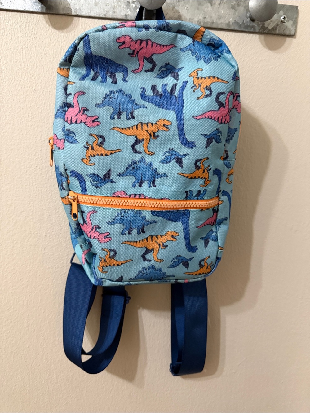 Kids Dinosaur Print Mini Backpack - Light Blue with Orange & Pink Accents